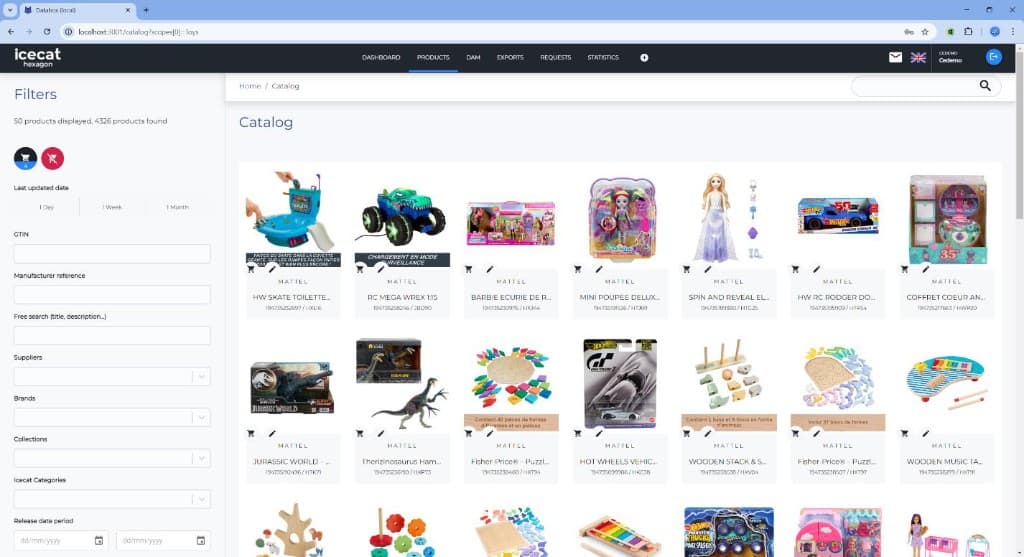 Icecat Hexagon product catalog with filters and product grid for enterprise PIM workflows