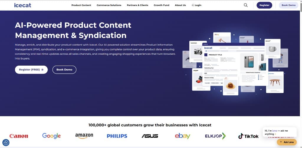 Icecat landing page for AI-powered product content management and syndication
