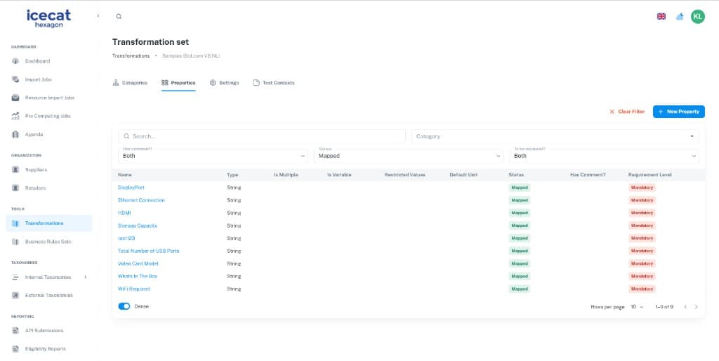 Icecat Hexagon transformation set properties table for enterprise product data mapping