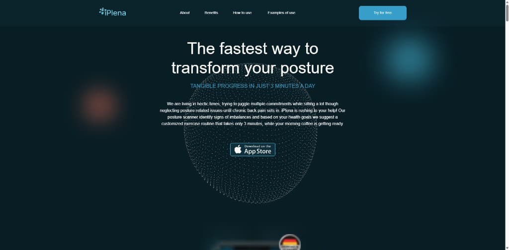iPlena landing page promoting posture transformation with App Store download