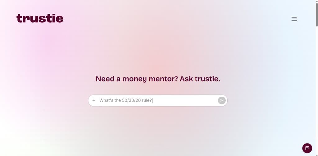 Trustie App landing page with money mentor search interface
