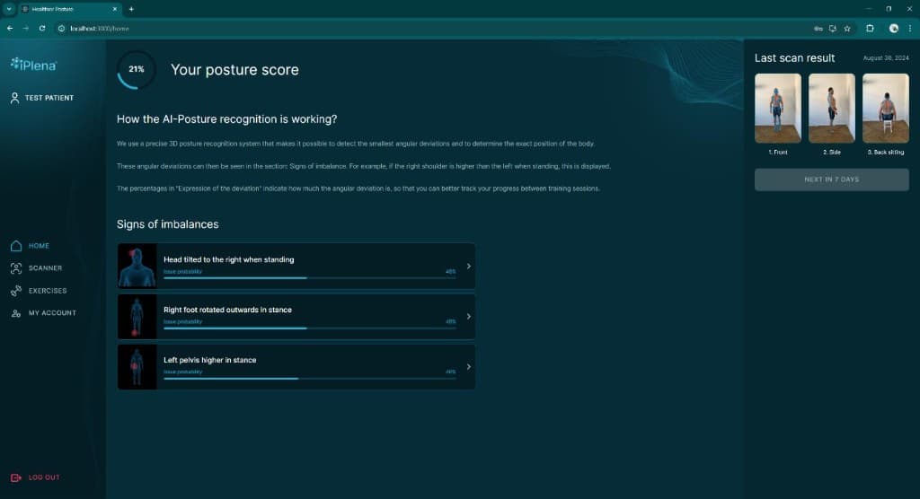 iPlena patient dashboard showing posture score, AI analysis summary, and imbalance indicators