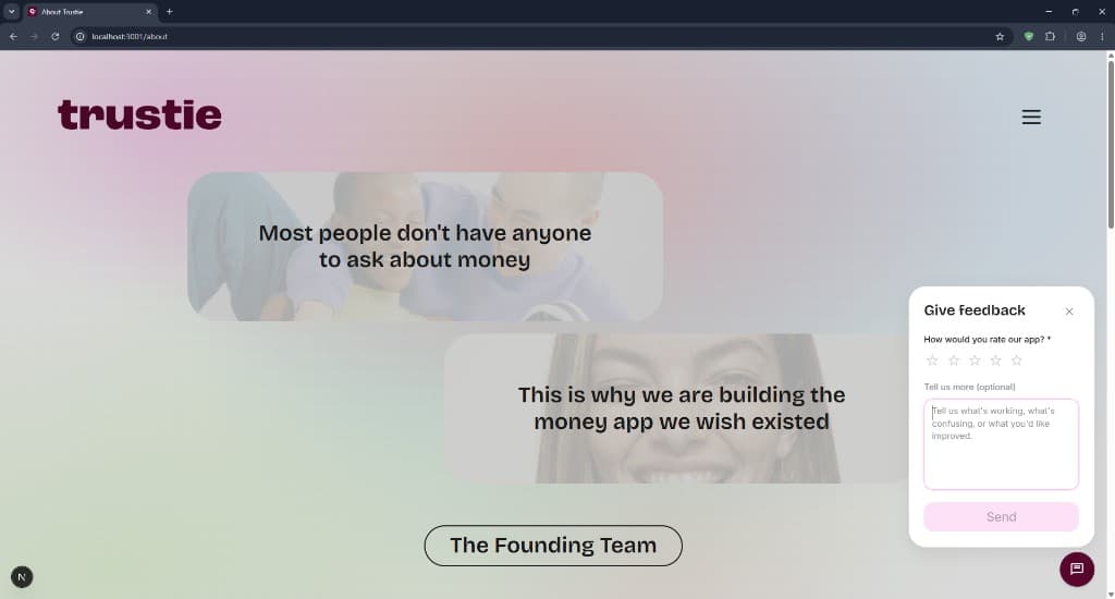 Trustie App about page with product messaging and founding team call to action