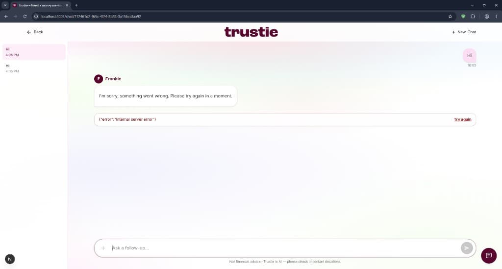 Trustie App AI chat interface with conversation layout and message input